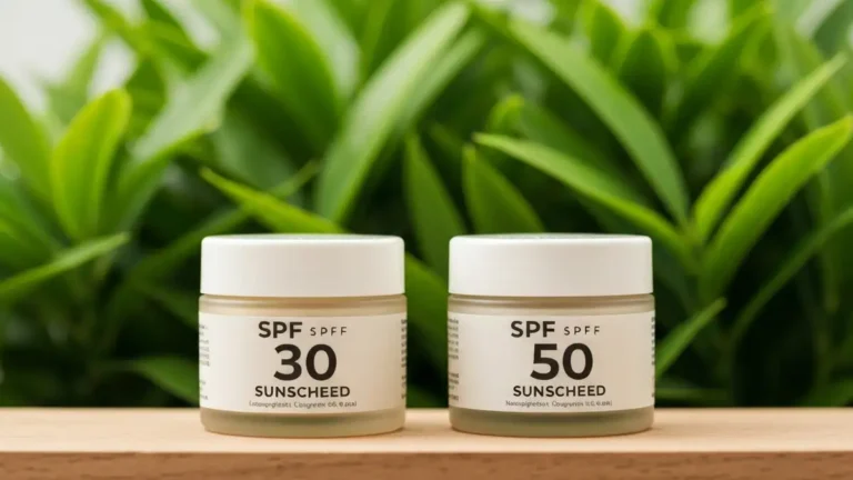Porównanie dwóch słoików kremu SPF 30 i SPF 50 obok siebie, naturalne światło, liście zielone tło, styl lifestyle