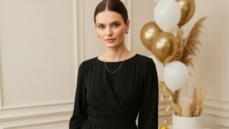 Elegancka kobieta 30 lat w czarnej sukience midi na urodziny, minimalistyczne dodatki, złote detale