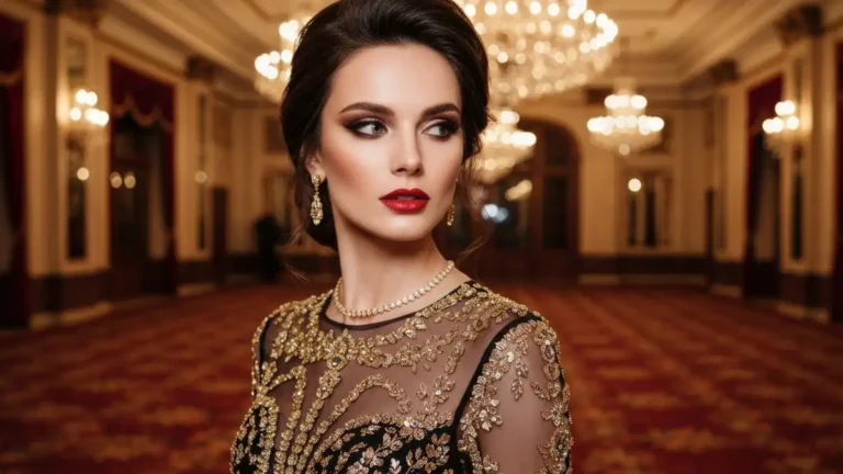 Kobieta w czarnej eleganckiej sukience z złotymi dodatkami na balu karnawałowym