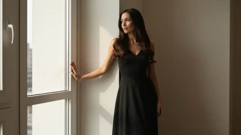 Elegancka wysokie kobieta w czarnej sukience maxi stoi przy oknie, elegancka stylizacja dla wysokich sylwetek