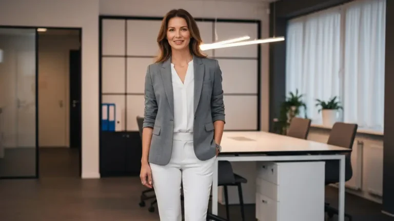 Kobieta w eleganckim ubraniu do pracy korporacyjnej - szara marynarka, białe spodnie, czółenka, profesjonalny wizerunek