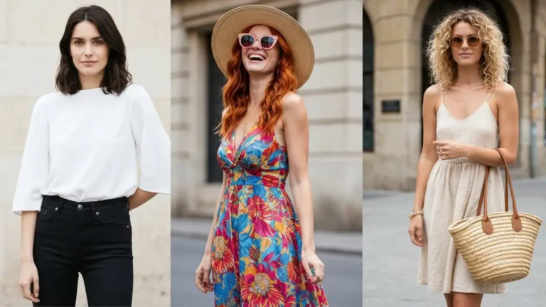 Trzy stylizacje na city break: paryska elegancja w białym topie i czarnych jeanach, włoska moda w maxi sukience i kolorowych dodatkami, barceloński styl w letniej sukience i sandałach