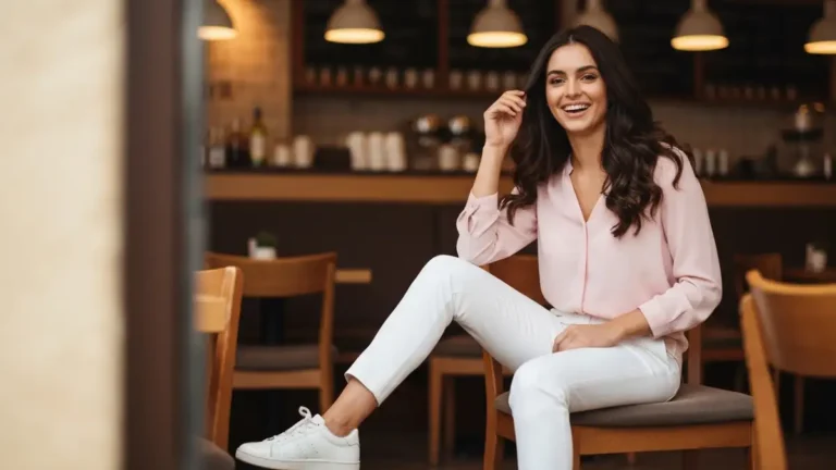 Kobieta w casual elegance stylizacji na drugą randkę - białe spodnie, delikatny top, białe sneakersy, naturalne włosy, uśmiech