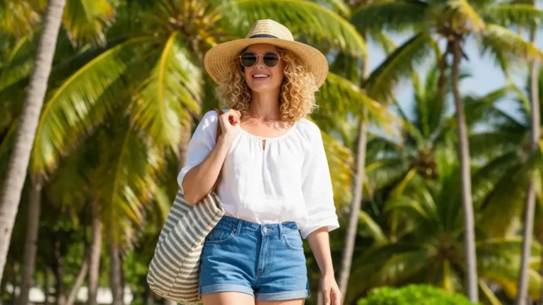 Kobieta w letniej stylizacji na egzotyczne wakacje - biały top, niebieskie szorty lniane, słomkowy kapelusz, okulary przeciwsłoneczne, trzyma plażową torebkę, tło plaża z palmami, słoneczny dzień