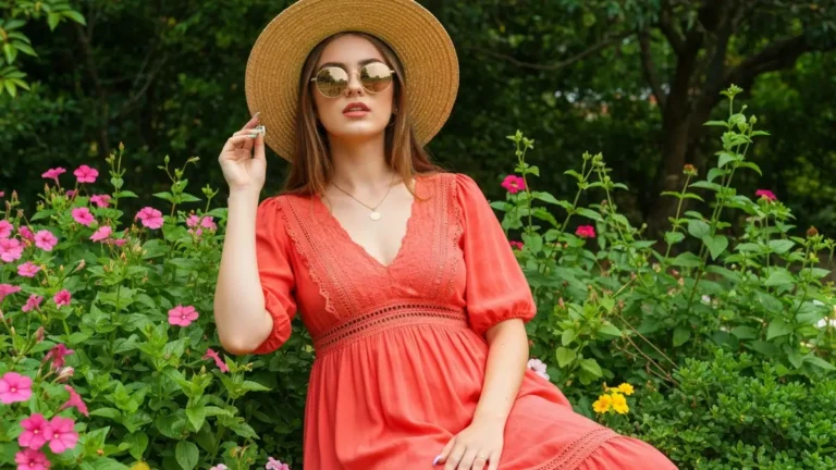Kobieta w letniej stylizacji 2026 - kolorowa sukienka, dodatki, letniego makijażu i manicure na tle słonecznego ogrodu