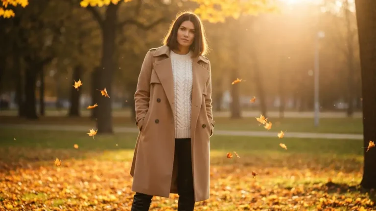 Kobieta w stylizacji na pierwszy dzień jesieni: camel trench coat, czarne kozaki, beżowy sweter, szara torebka