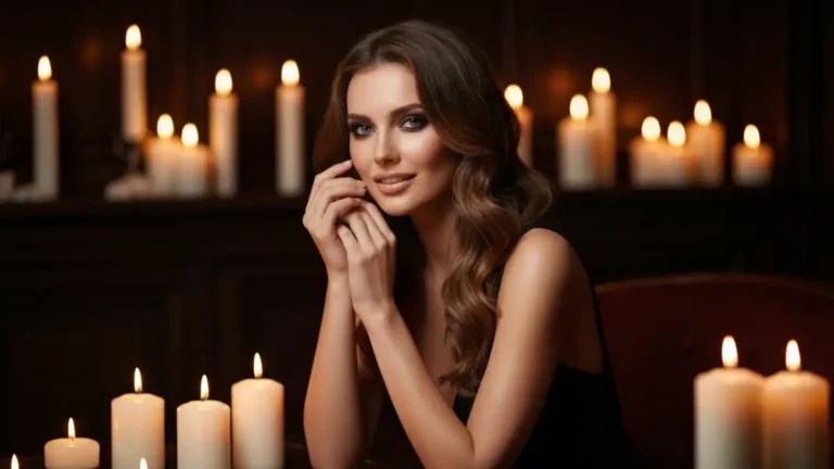 Kobieta w eleganckiej czarnej sukience večorowej, siedząca przy świeczce, uśmiechająca się zmysłowo, włosy rozpuszczone, makijaż smokey eye