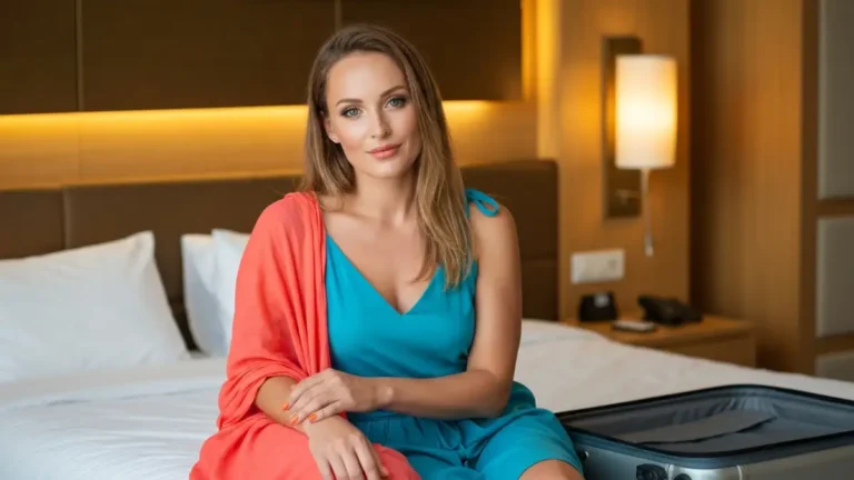 Kobieta siedząca na łóżku w hotelu all inclusive z walizką pełną kolorowych ubrań letnich, ubrana w stylową sukienkę do kolana w morskim kolorze, trzymająca pareo, z makijażem i manicure, tło białego pokoju hotelowego ze złotą lampą