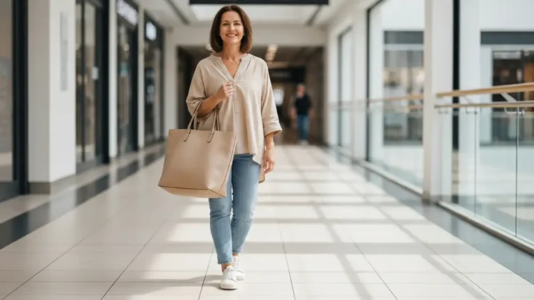Stylowa kobieta w wygodnym outficie na zakupy - białe trampki, jasne jeansy, beżowa bluzka oversize, duża torba