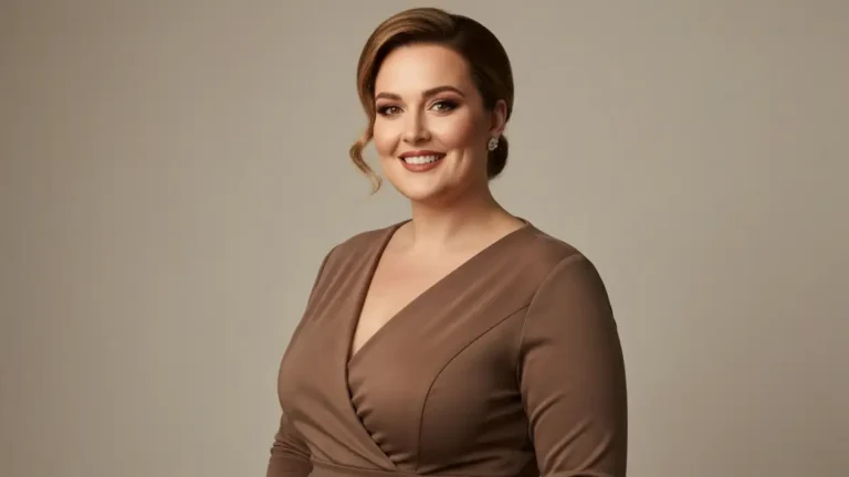Kobieta plus size w eleganckim stroju, pewna siebie, profesjonalna stylizacja, portret 3:4