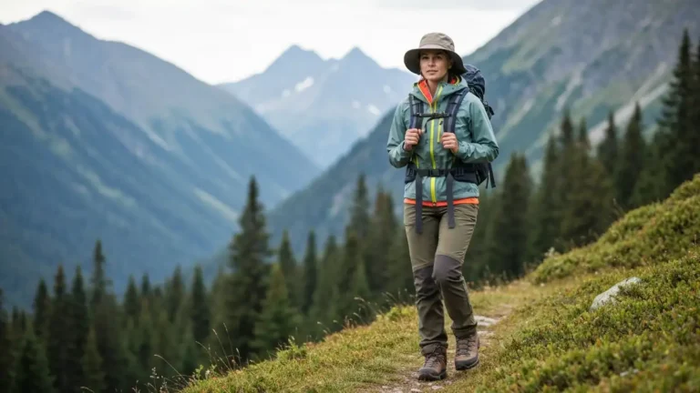 Kobieta w górach latem - stylizacja z jeansami, koszulką i butami trekkingowymi, portret 3:4