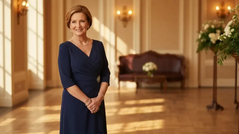 Elegancka sukienka dla mamy panny młodej - granat, midi, klasyka na weselu