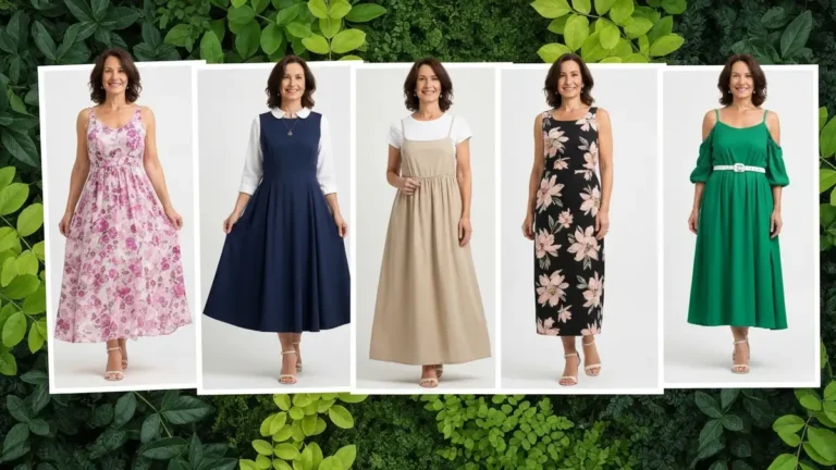 Kollaż pięciu różnych modnych sukienek na co dzień - mini beżowa, midi czarna, maxi ecru, asymetryczna szara, prosta biała. Kobieta 30-40 lat ubrana w każdą sukienkę. Styl Pinterest 3:4 portret. Liściaste tło w odcieniach zieleni.