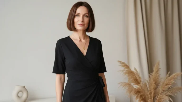 Kobieta w eleganckiej czarnej sukience kopertowej, długość midi, wyszczuplająca linia kopertowa zaznaczająca talię