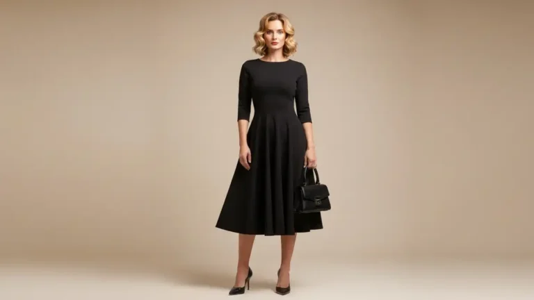 Kobieta ubrana w elegancką czarną sukienkę midi z rozkoszem, buty na obcasie i małą torebką