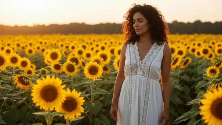 Kobieta w długiej sukience boho w stylu hippie chic, białej z haftowanym haftem, stoi na polnie przy żółtych kwiatach, naturalne światło