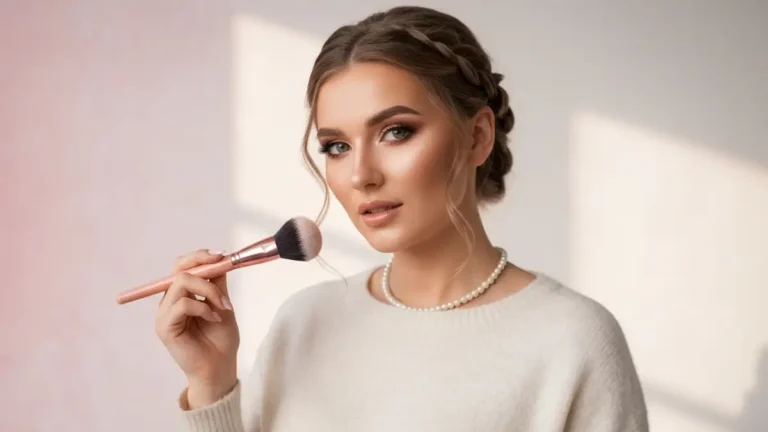 Sylwia Lipka portret youtuberka beauty ponad ramię na tle pastelowych kolorów