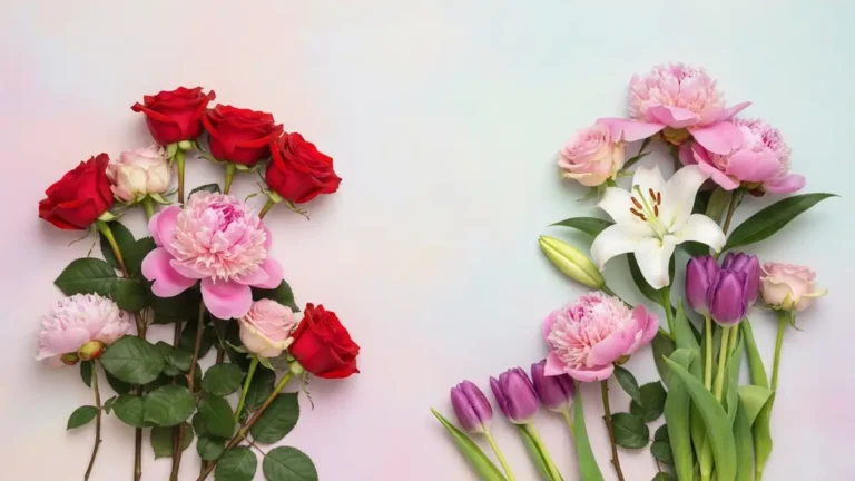 Kolorowy bukiet kwiatow z rozami, tulipanami i piwoniami symbolizujacy jezyk kwiatow