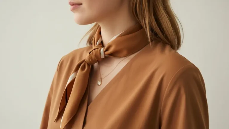 Kobieta w szaliku zawiązanym elegancko wokół szyi, styl mody, portret 3:4