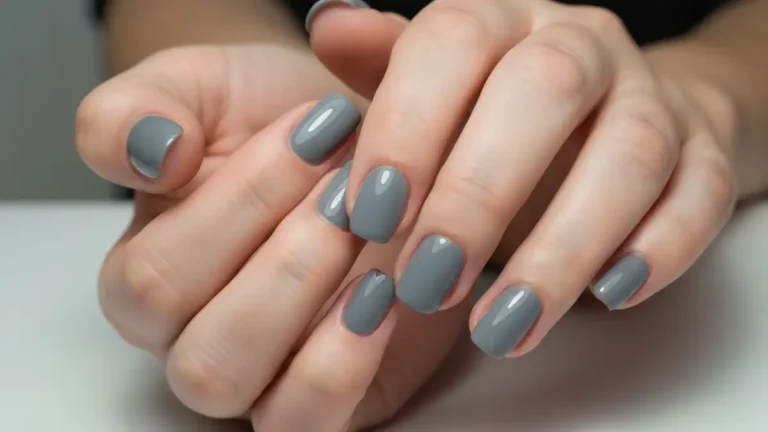Szare paznokcie w stylu minimalizmu - elegancki lakier hybrydowy na damskich dłoniach, neutralne tło, portfolio manicure