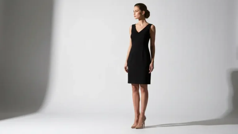 Kobieta w czarnej sukience oraz szpilkach nude, wyglądająca elegancko i stylowo