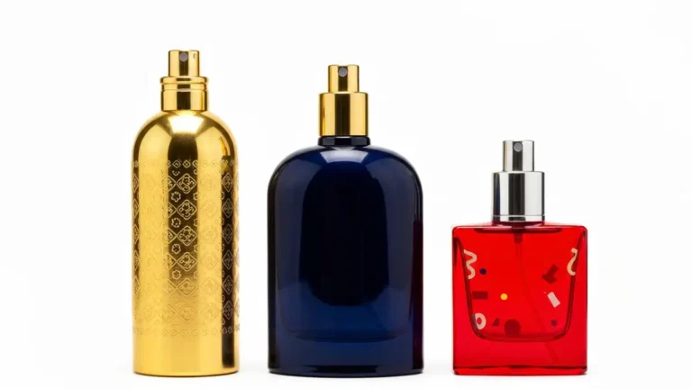 Trzy butelki perfum: oryginalny YSL Black Opium, budżetowy klon i perfumy mid-range na białym tle z różowymi akcentami