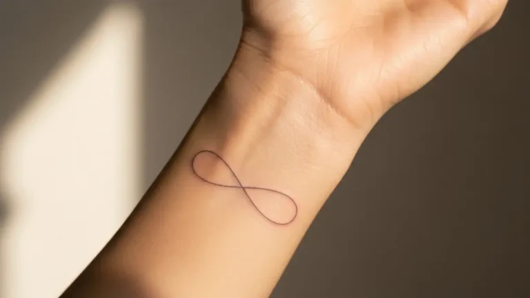 Tatuaz nieskonczonosci na nadgarstku kobiety - minimalistyczny wzor fine line