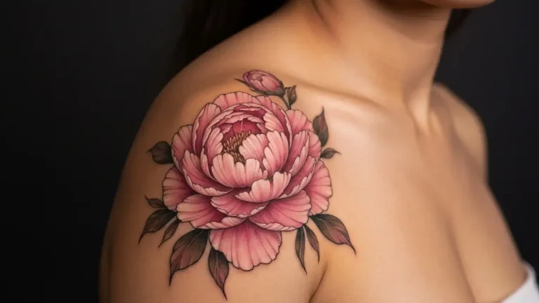 Tatuaz piwonii na ramieniu kobiety - rozowe kwiaty w stylu realistycznym