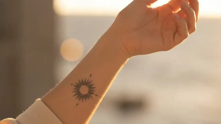 Tatuaz slonca na nadgarstku kobiety - symbolika swiatla i nowego poczatku