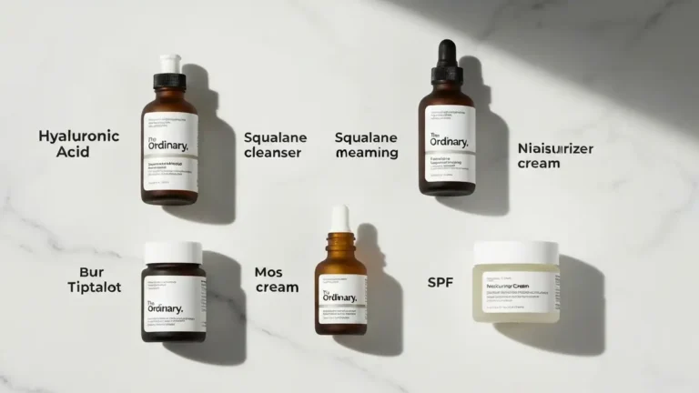 Flatlay produktów The Ordinary - serum, krem, oczy, butelki na jasnym tle