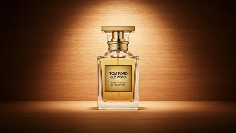 Butelka Tom Ford Oud Wood perfum na tle drewnianych tekstur i złotej składni