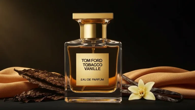 Butelka Tom Ford Tobacco Vanille na tle tytoniu i wanilii, orientalny zapach w złotej butelce