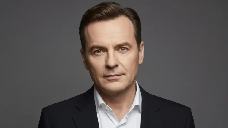 Tomasz Karolak - polski aktor w czarnym garniturze na tle studia fotograficznego