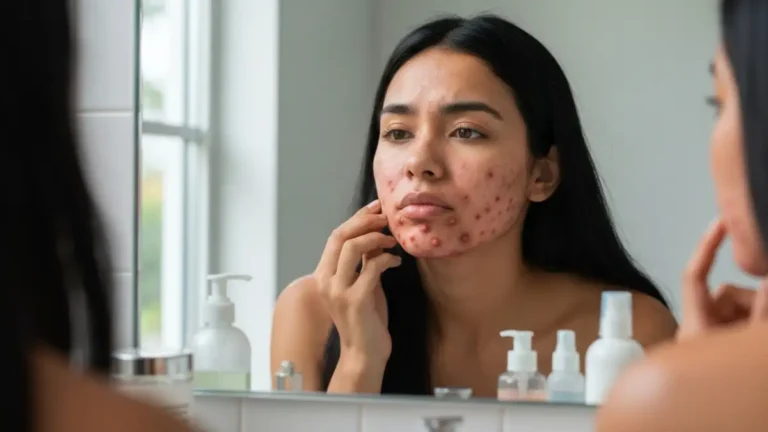 Kobieta sprawdzająca skórę twarzy w lustrze, acne na brodzie i szczęce, kosmetyki do pielęgnacji obok