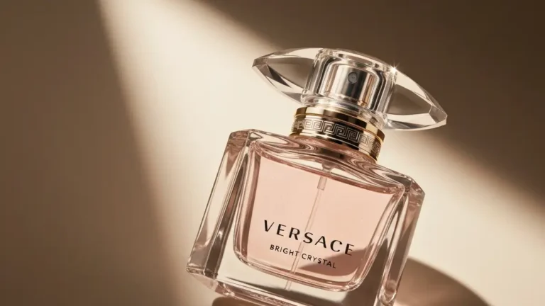 Versace Bright Crystal - butelka perfum z przezroczystym mlekiem i różowym wysypem na neutralnym jasnym tle