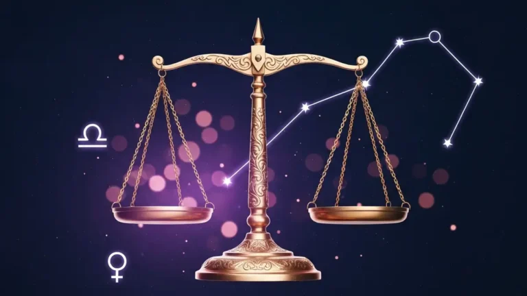 Znak zodiaku Waga - zlota waga szalkowa na tle gwiazdozbioru z symbolem Wenus