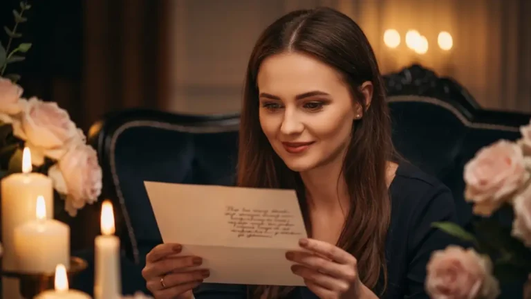 Kobieta czytająca wiersz miłosny napisany na papierze, w romantycznym otoczeniu ze świeczkami i kwiatami