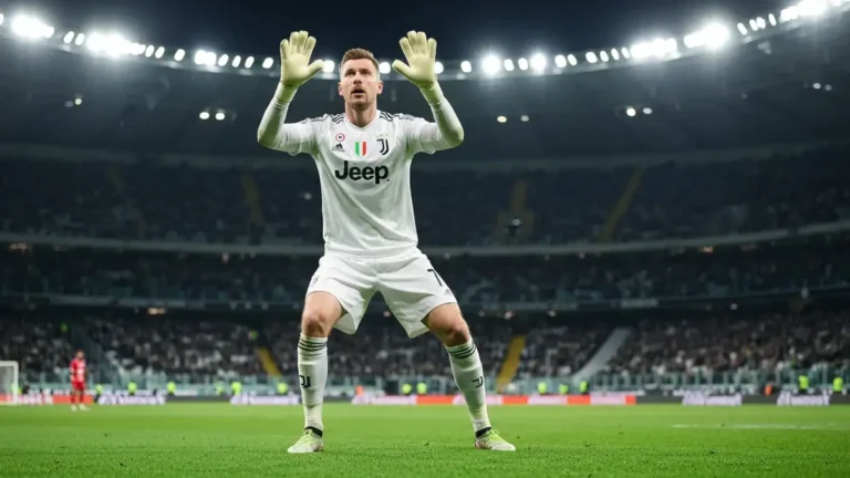 Wojciech Szczęsny w stroju Juventusu, bramkarz Polski w akcji na boisku piłkarskim