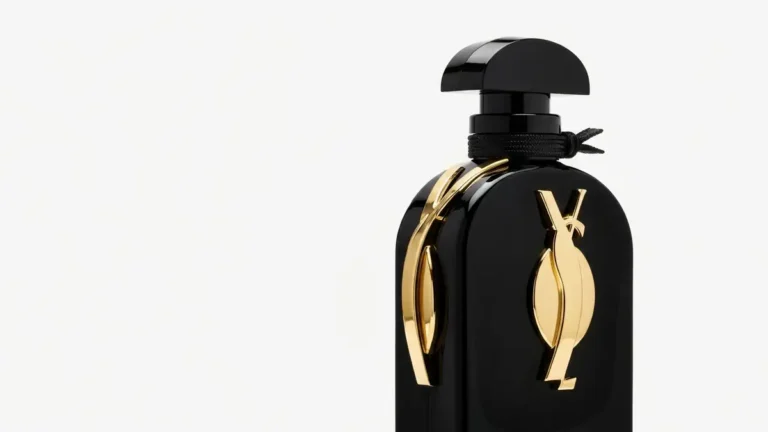 Butelka perfum Yves Saint Laurent Black Opium z czarnym płynem i złotymi akcentami na białym tle