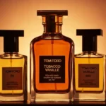 Butelka Tom Ford Tobacco Vanille obok czterech zamienników zamienników perfum w eleganckim zestawieniu portretowym