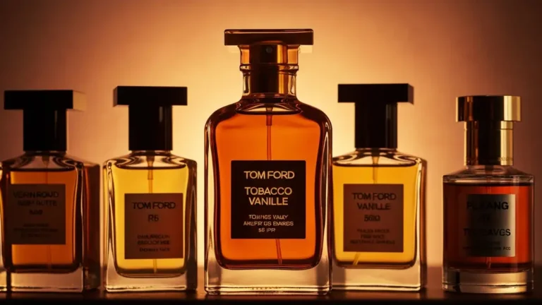 Butelka Tom Ford Tobacco Vanille obok czterech zamienników zamienników perfum w eleganckim zestawieniu portretowym