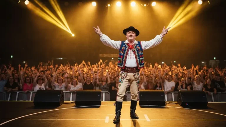 Zenek Martyniuk podczas koncertu, portret full-body, ubrany w charakterystyczne dla niego plandeki, tło sceny disco polo