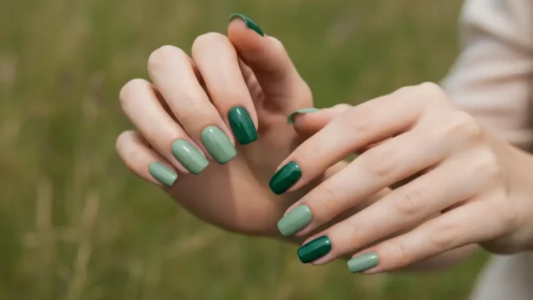 Kobiete dłonie z zielonym manicure w odcieniach mchu, szmaragdu i butelkowej zieleni, Pinterest aesthetic 3:4 portrait