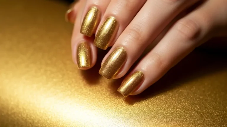 Złote paznokcie z błyszczącym lakierem, idealny manicure na imprezę dla kobiety