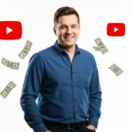 Friz YouTuber portret z logiem kanału YouTube i ikonami zarobków