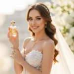 Panna młoda w białej sukni ślubnej ze złotymi dodatkami, trzymająca butelkę eleganckiego zapachu, uśmiechająca się w słonecznym świetle, z rozmazanym tle kwiatów.